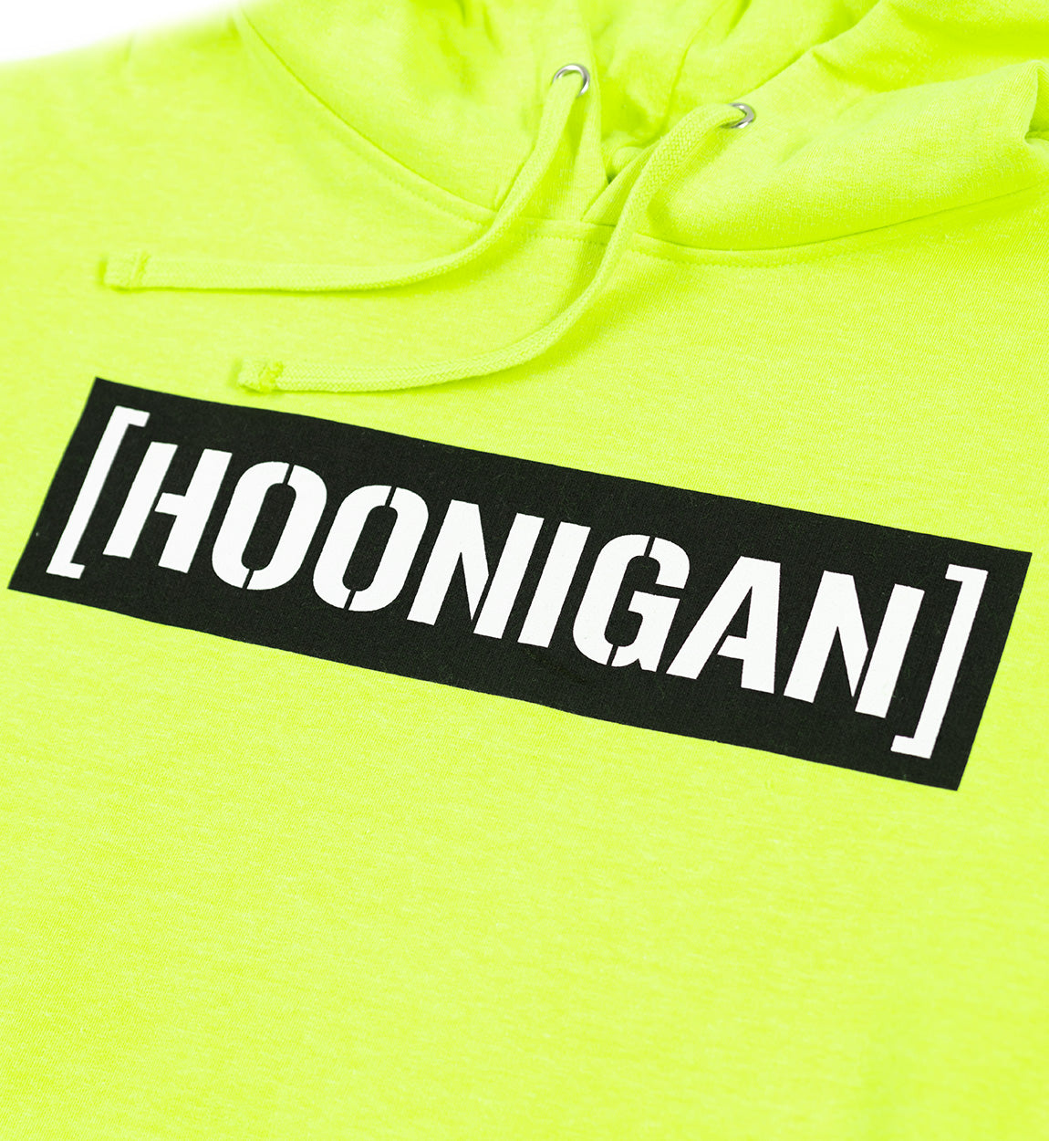 Hoonigan CENSOR BAR pullover hoodie in yellow with a bold black graphic print on the front.
