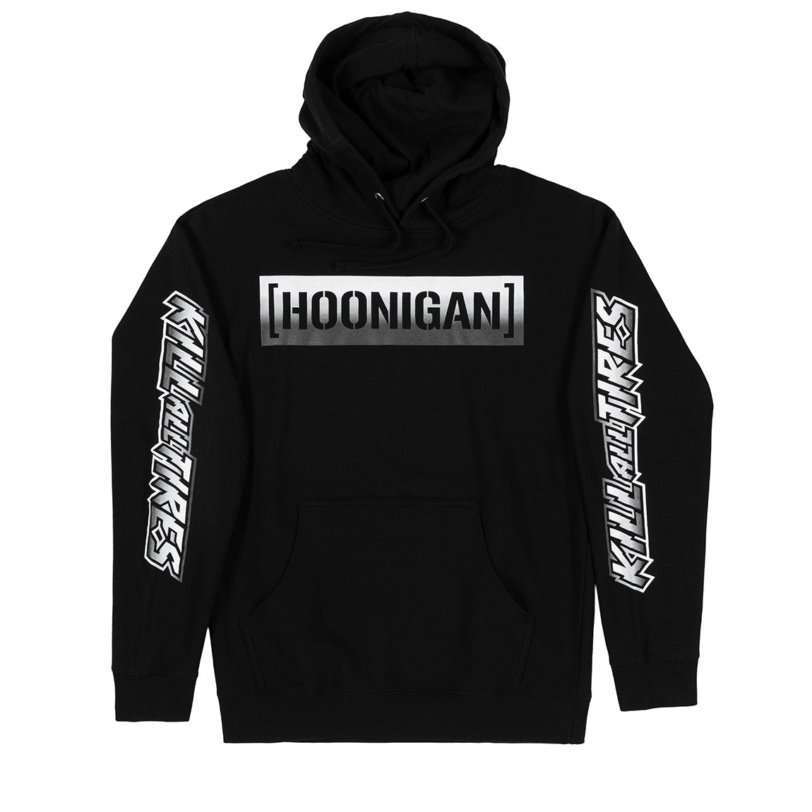 Hoonigan CBAR KILL ALL TIRES FADE Hoodie in black and gray with bold text design.
