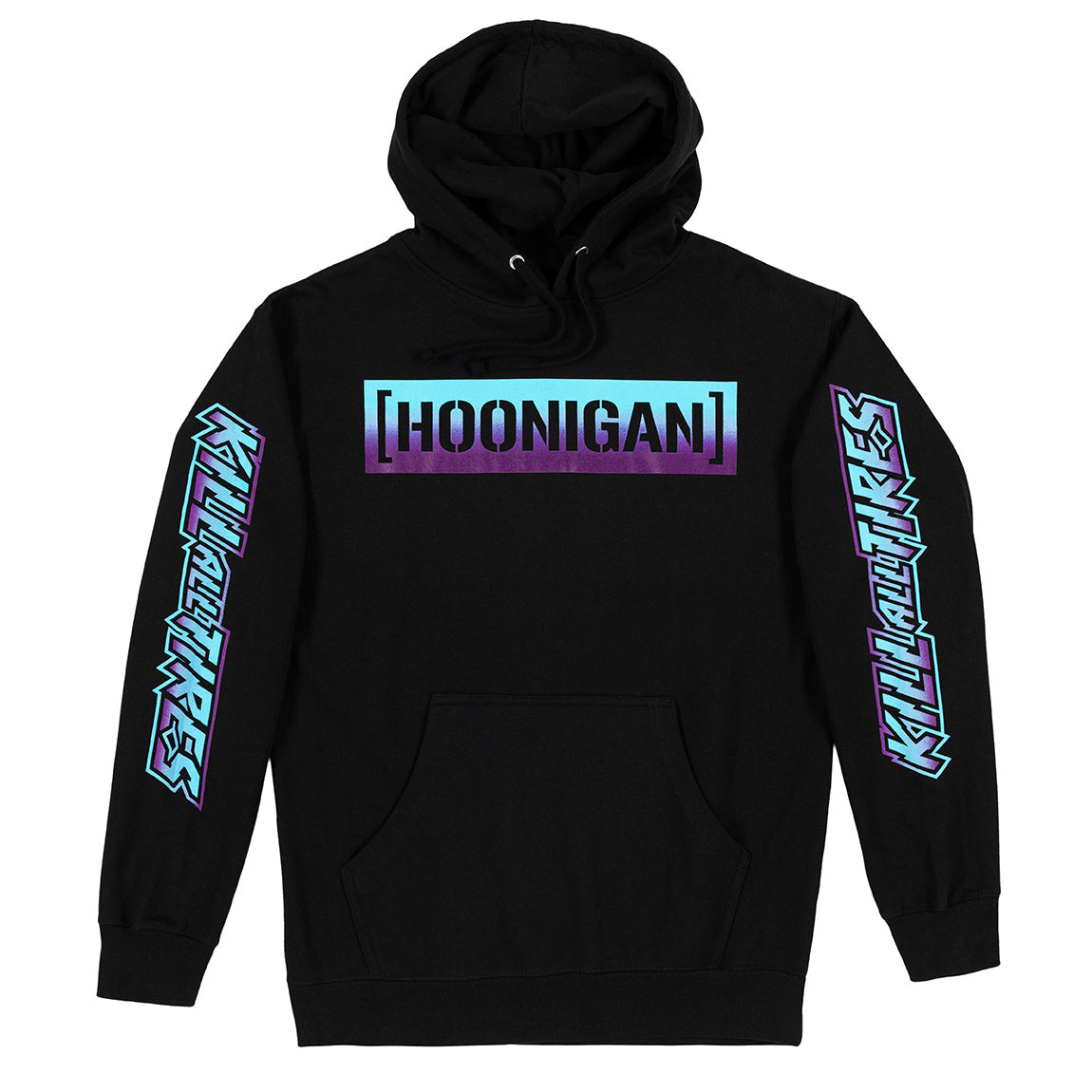 "Black Hoonigan CBAR KILL ALL TIRES FADE Hoodie featuring bold white and red graphics on the front."