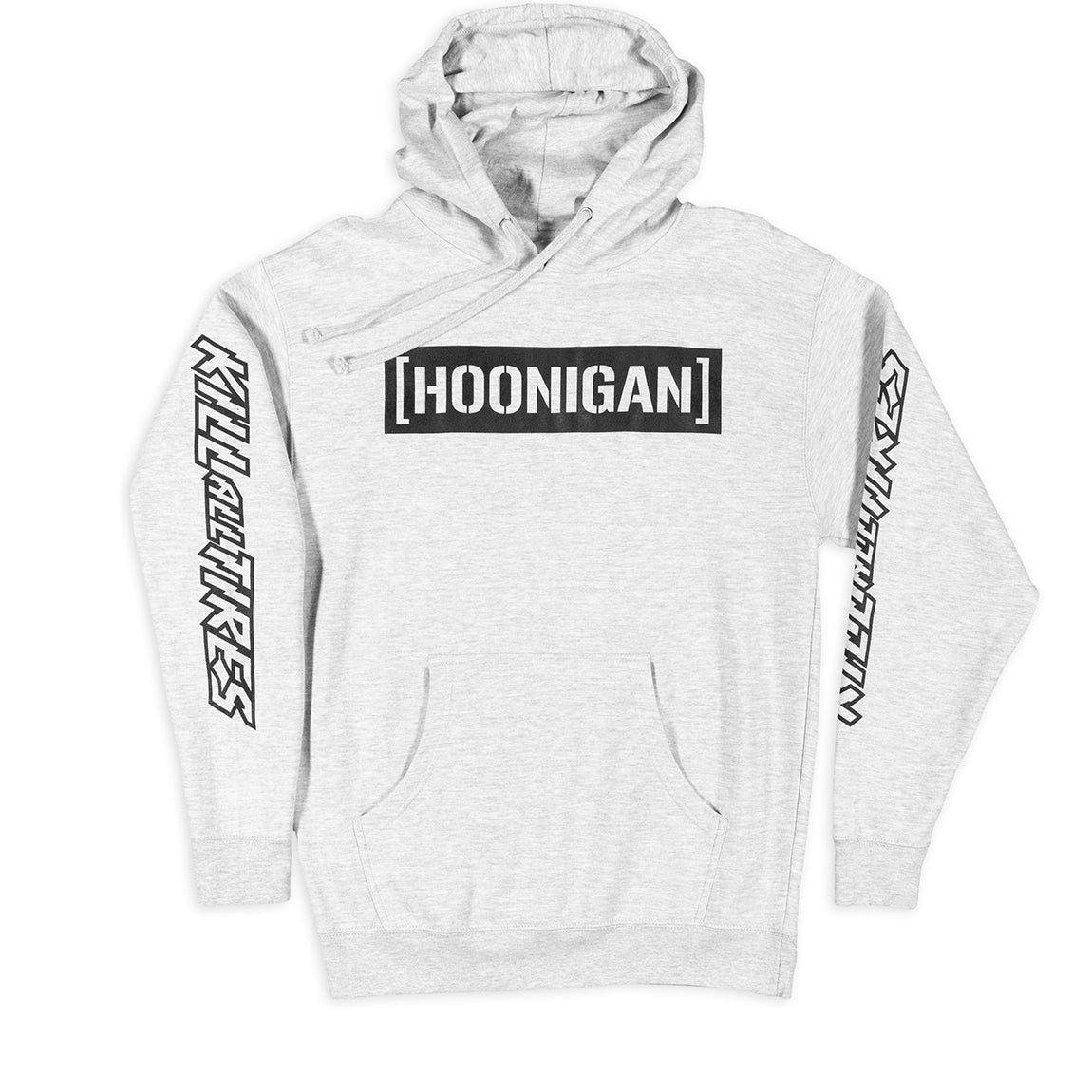 Hoonigan CBAR KILL ALL TIRES pullover hoodie in heather gray, featuring a bold graphic on the front and a comfortable fit.