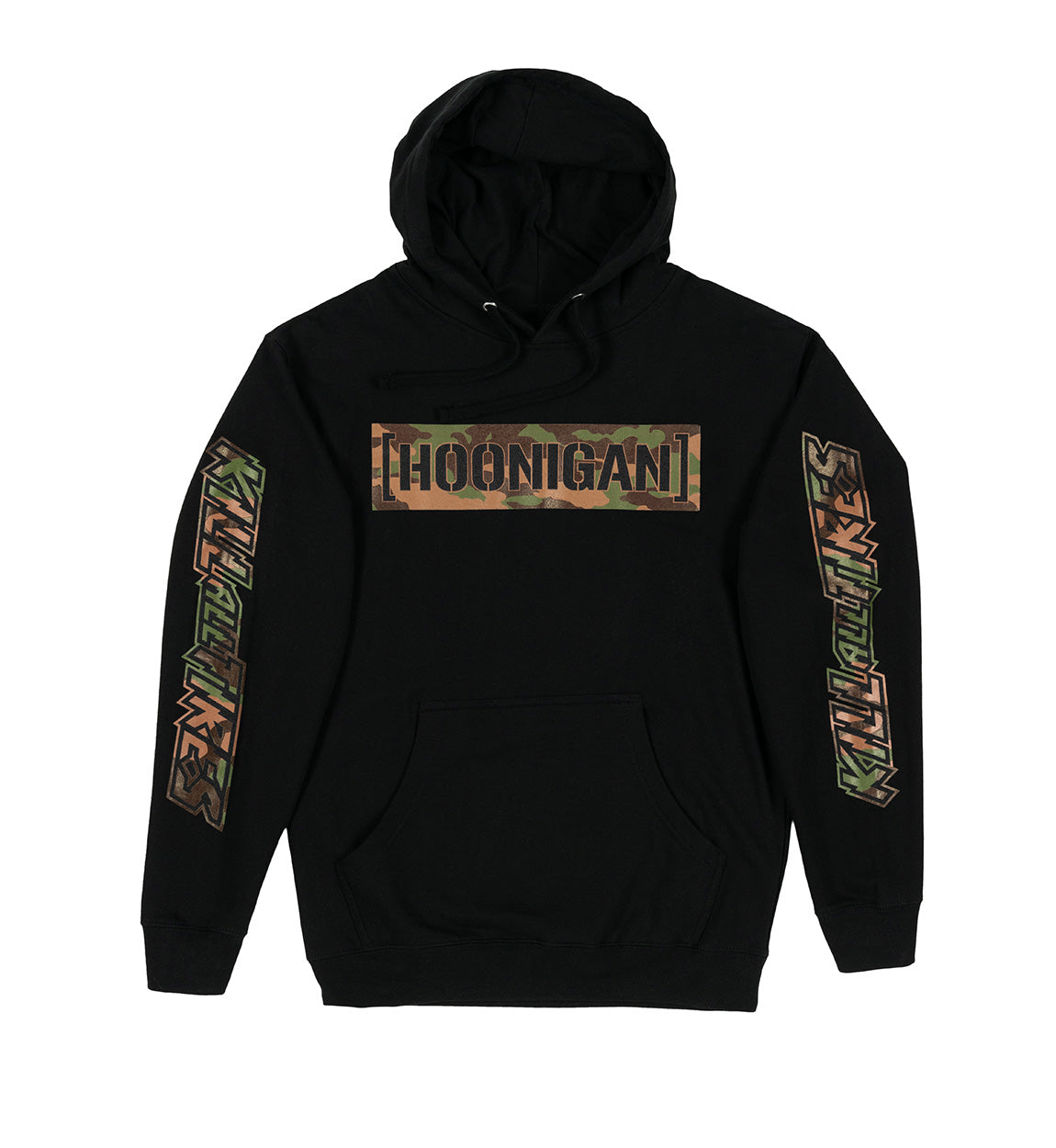 Hoonigan COVERT CBAR KILL ALL TIRES Pullover Hoodie in black, featuring a bold graphic design on the front, drawstring hood, and kangaroo pocket.