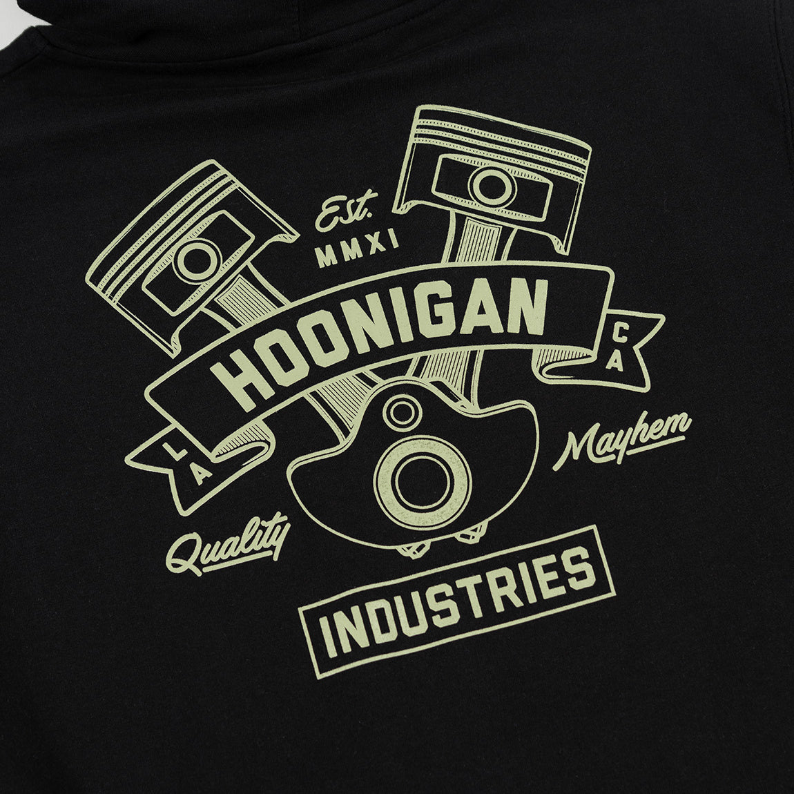 Black Hoonigan CRANKED pullover hoodie featuring a bold graphic logo on the front and a comfortable fit.