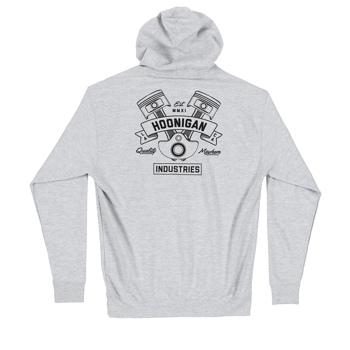 Hoonigan CRANKED pullover hoodie in heather gray with black Hoonigan logo on chest.