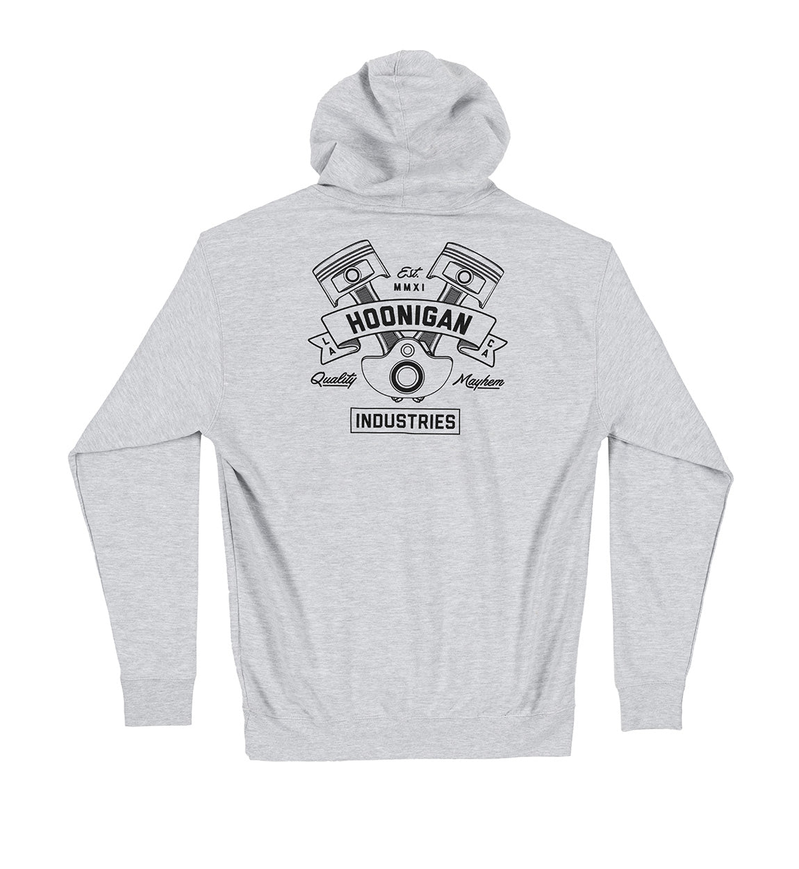 Hoonigan CRANKED pullover hoodie in heather gray with black Hoonigan logo on chest.