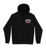 Hoonigan CARCAINE SUPPORT GROUP black and white pullover hoodie with graphic print.