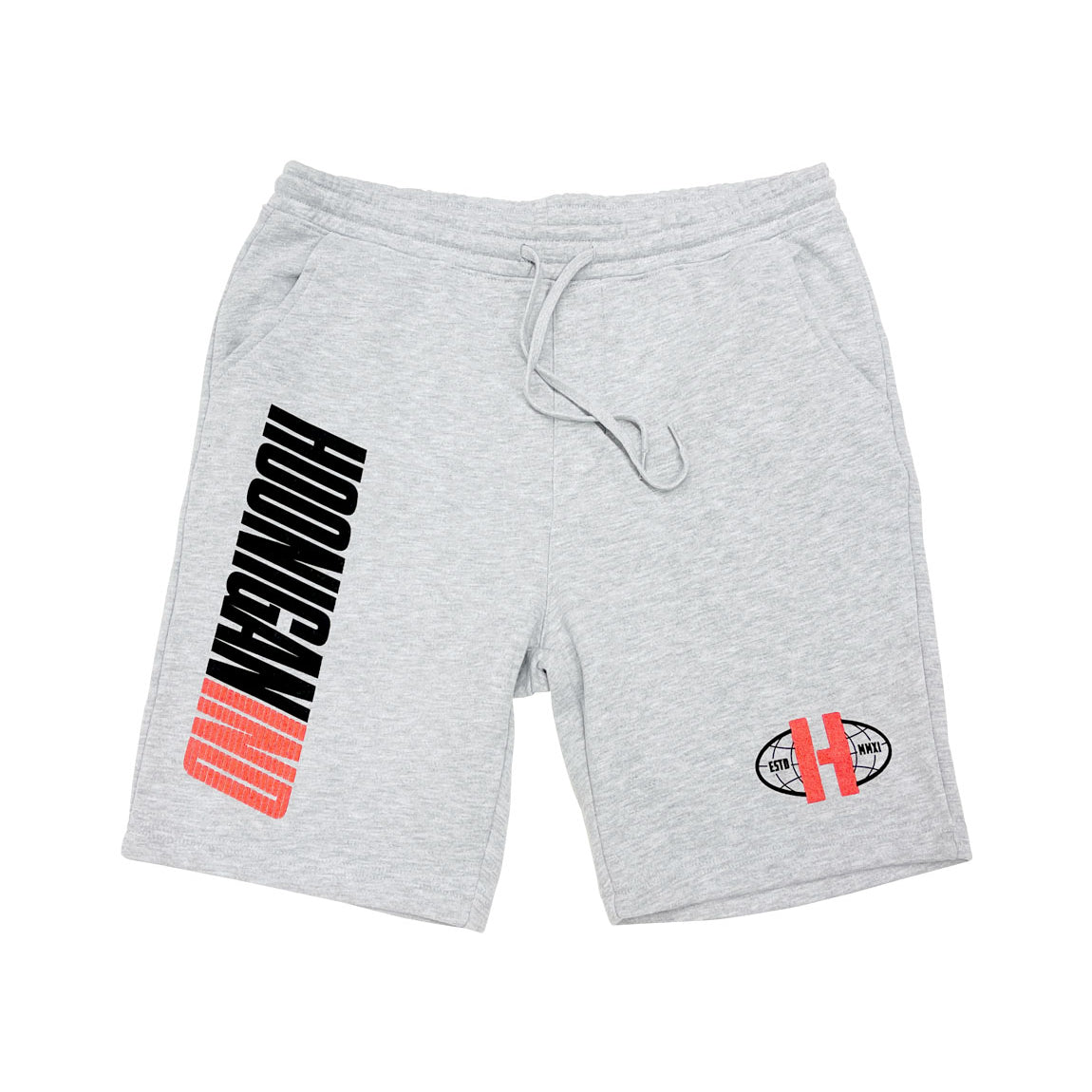 Hoonigan WORLDWIDE gray fleece shorts with logo design.