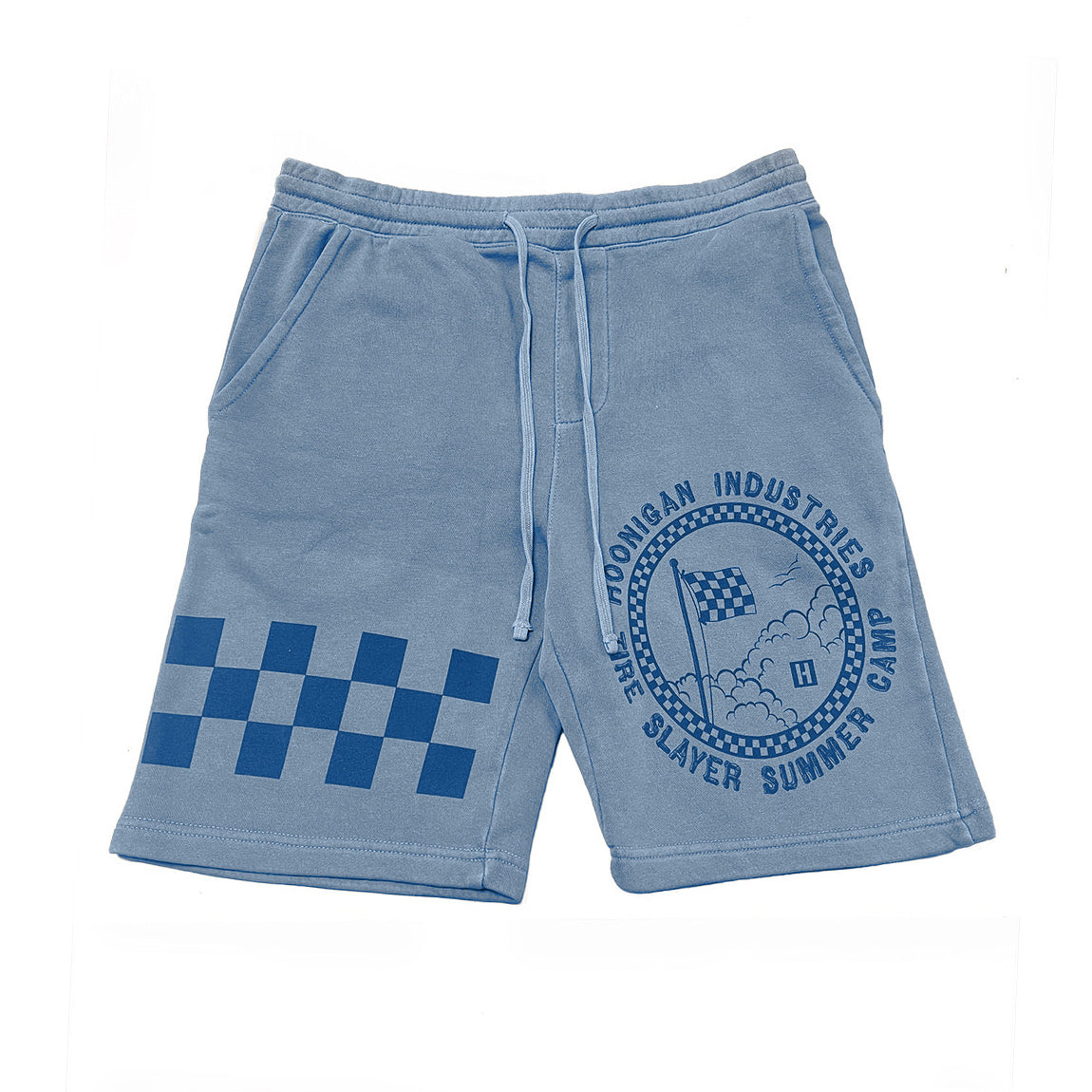 Hoonigan Tire Slayer Summer Camp shorts in a light tan color, featuring a bold graphic design.