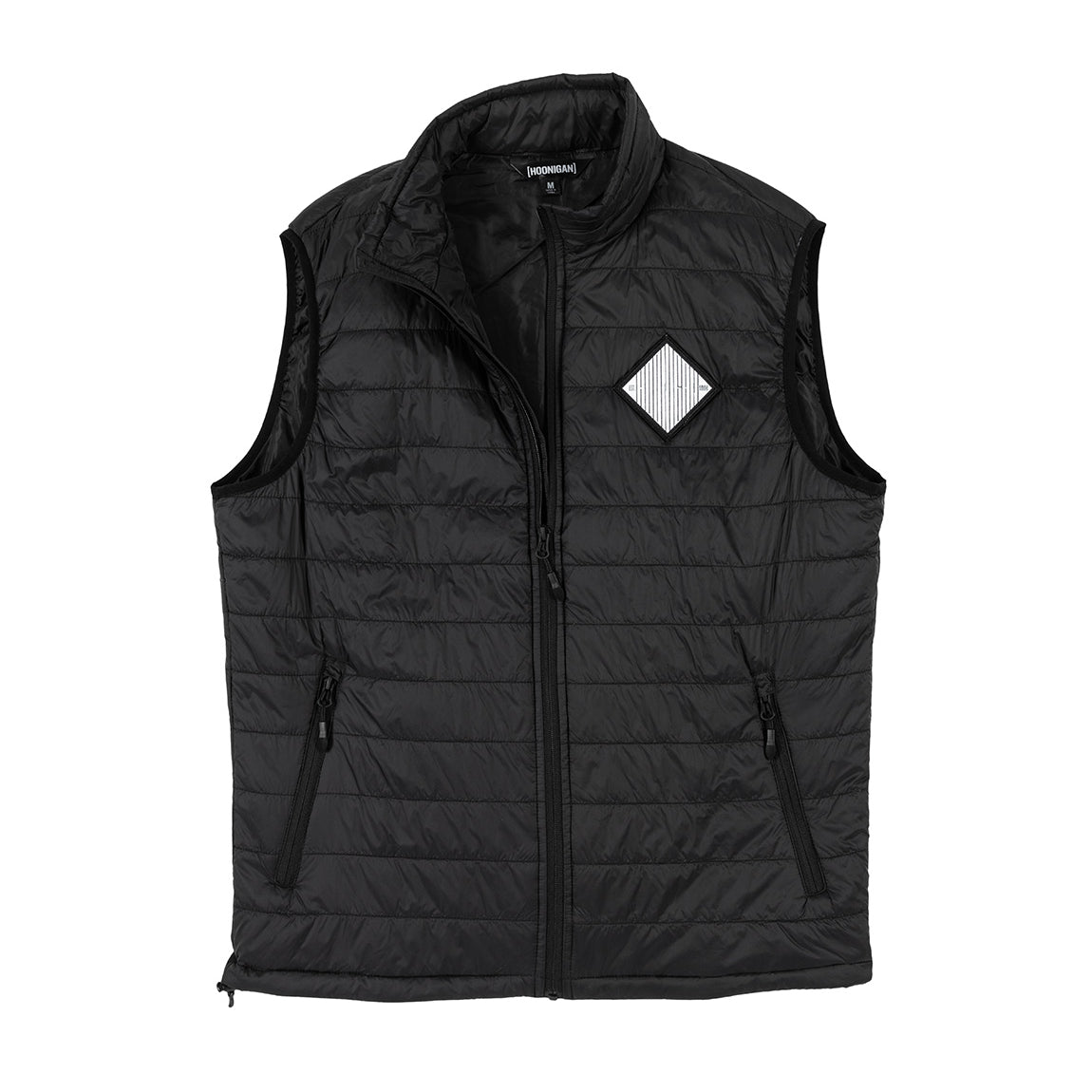 Black puffer vest with a front zipper, zippered side pockets, and a diamond-shaped logo patch on the chest.