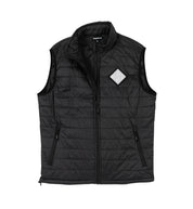 Black puffer vest with a front zipper, zippered side pockets, and a diamond-shaped logo patch on the chest.