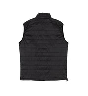 Black GRILLE puffer vest with horizontal quilting, sleeveless design, and a high collar for warmth and style.