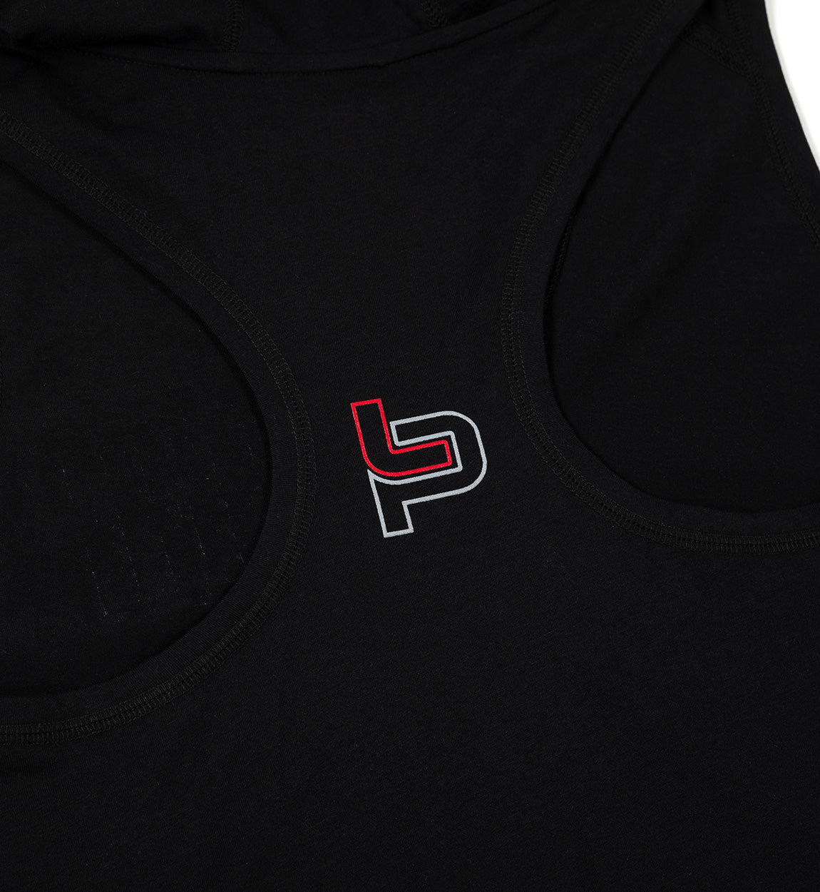 Black hooded tank top for women from Leah Pruett's LP ENERGY line, featuring a stylish design and comfortable fit.