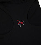 Black hooded tank top for women from Leah Pruett's LP ENERGY line, featuring a stylish design and comfortable fit.